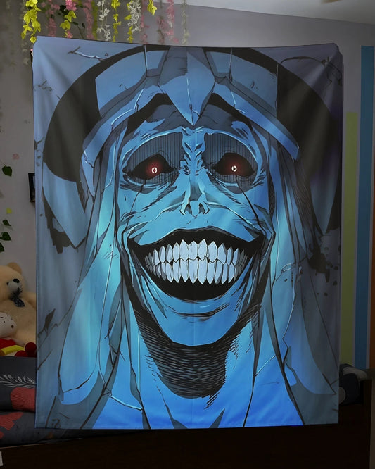 Cartoonish ghost with red eyes and a wide mouth on a dark background