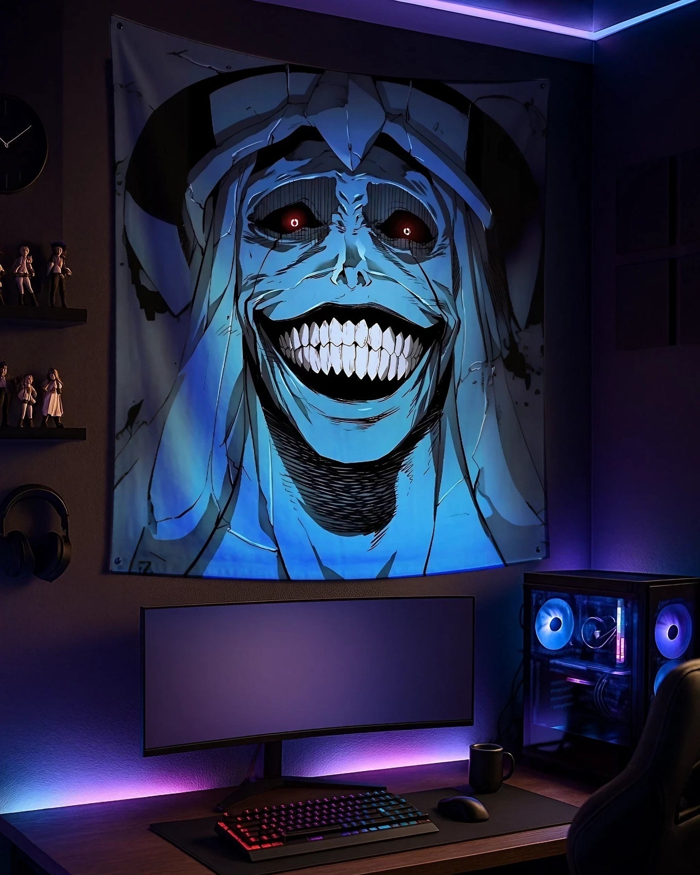 Gaming setup with a large screen and decorative wall art in a dark room.