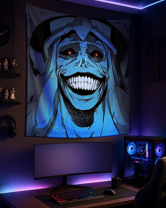 Gaming setup with a large screen and decorative wall art in a dark room.